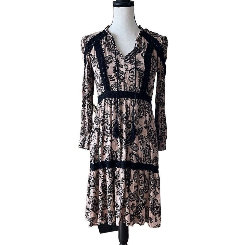 Knox Rose Midi Dress Womens Medium Beige Black Paisley Crochet Lace Boho Tassel